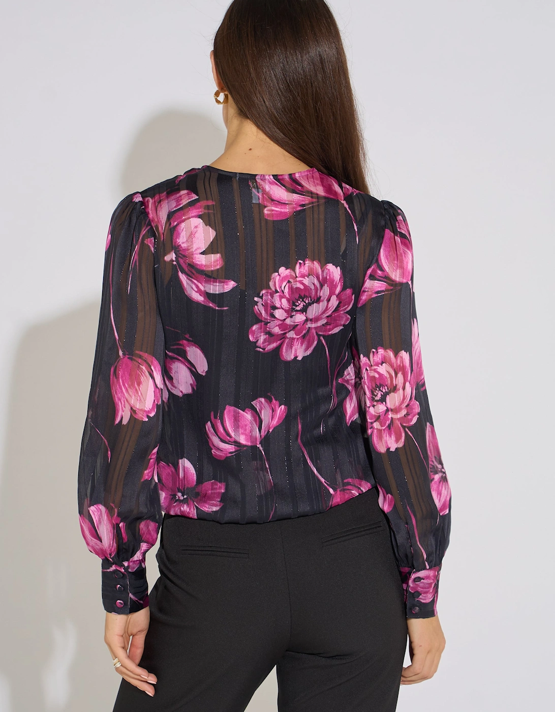 Black Floral Wrap Stripe Jacquard Top