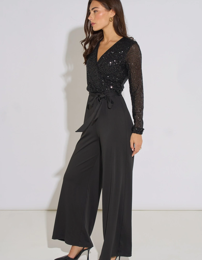 Black Sequin Wrap Front Belted Jumpsuit