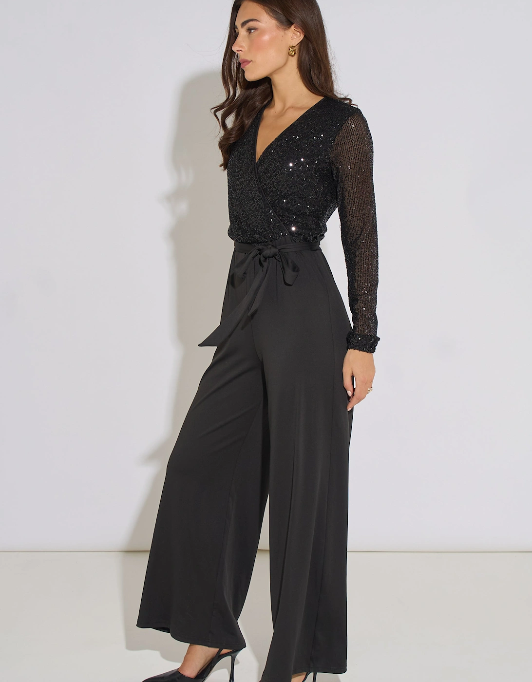 Black Sequin Wrap Front Belted Jumpsuit