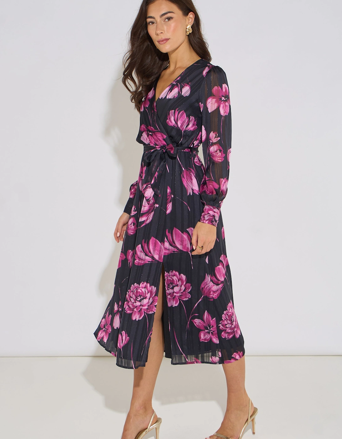 Black Floral Chiffon Sparkle Stripe Wrap Midi Dress