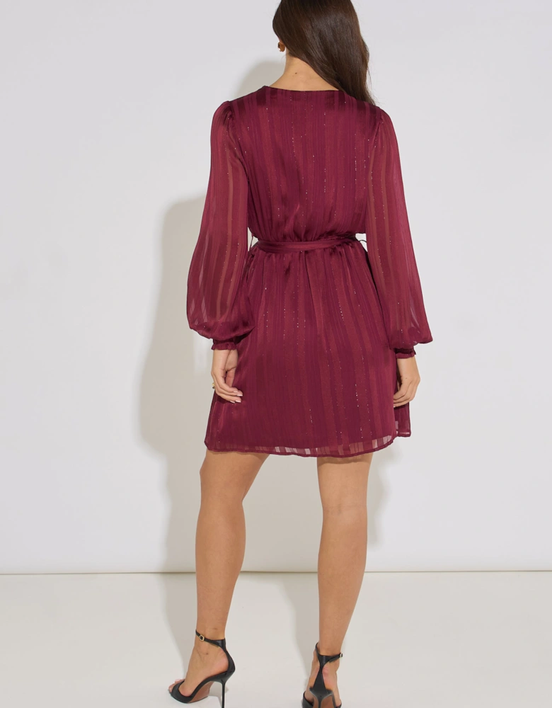 Mulberry Satin Burn Out Stripe Wrap Mini Dress