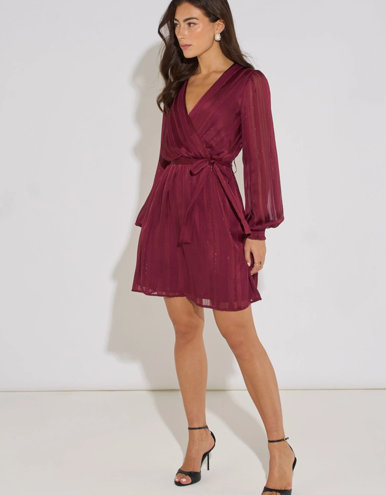 Mulberry Satin Burn Out Stripe Wrap Mini Dress