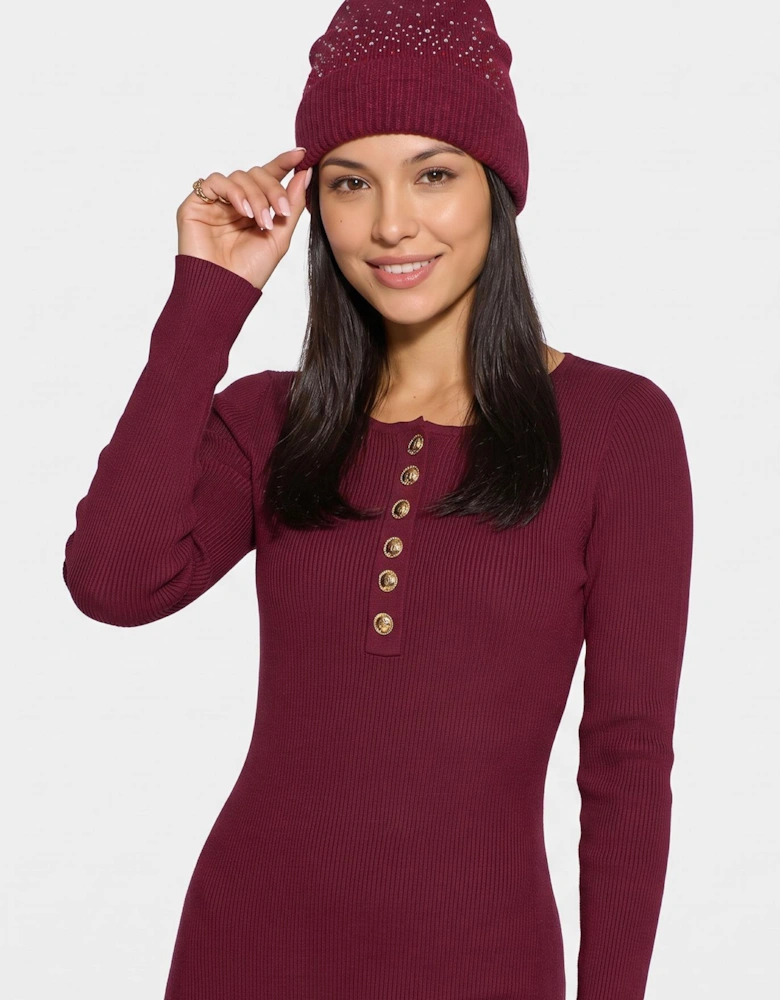 Burgundy Ladies Embellished Beanie Hat