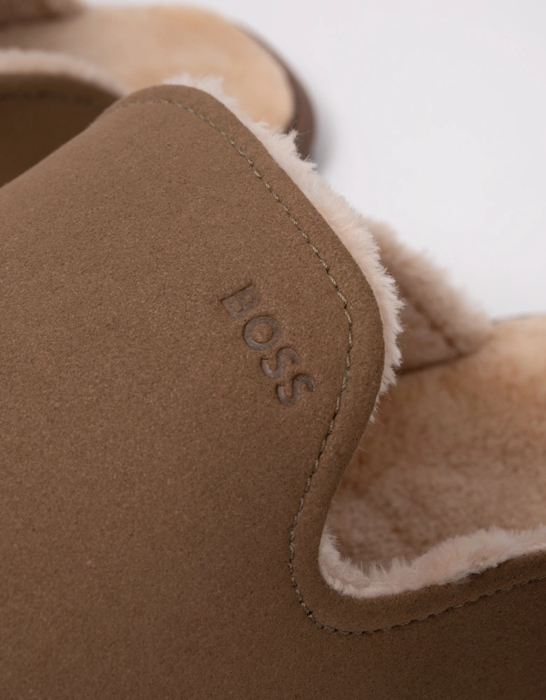 BOSS Orange Mens Shearling-lined slip-on slippers with logo detail - Medium Beige 260
