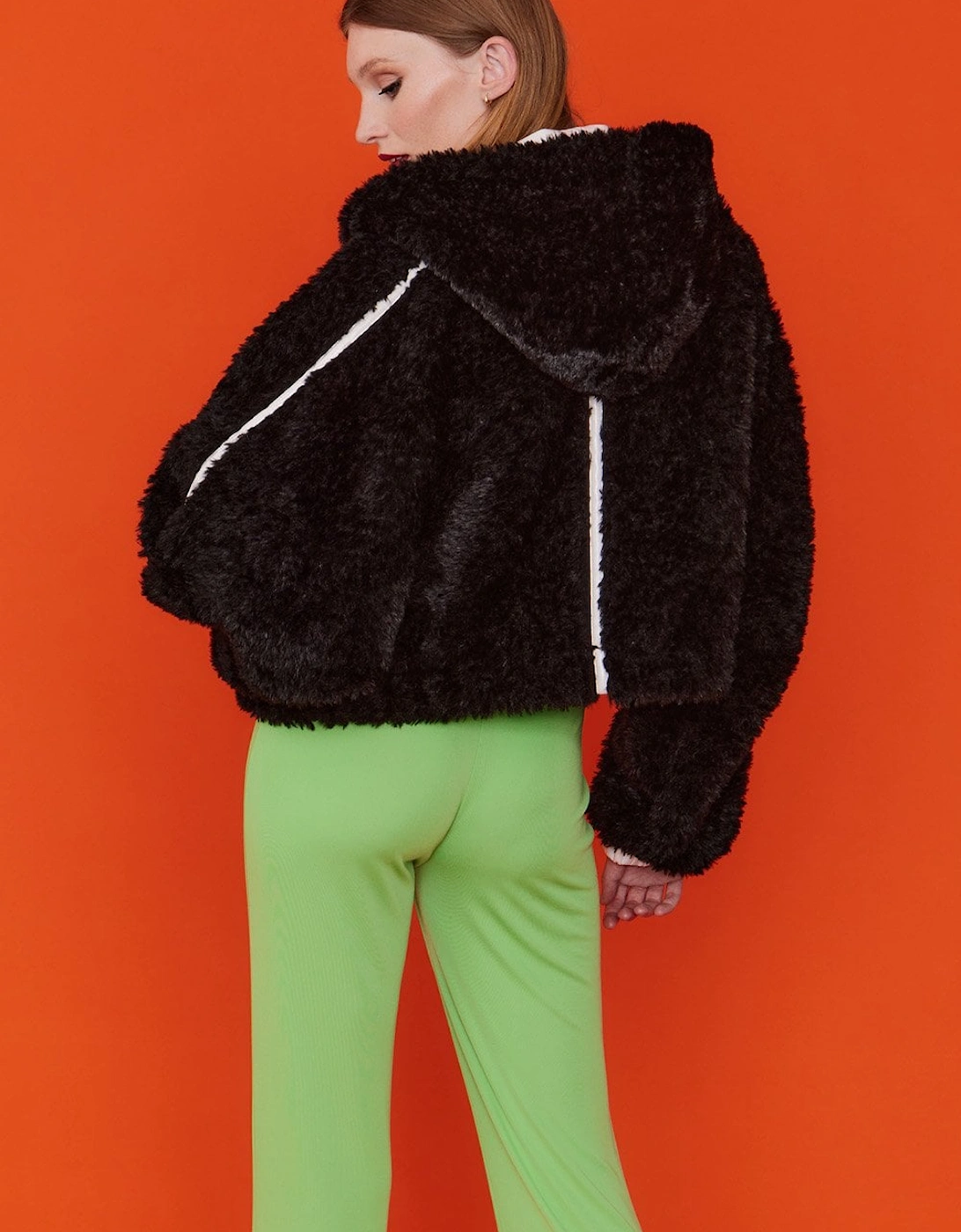 Black and White Faux Fur and Eco Leather Reversible Hooded Bomber Jacket