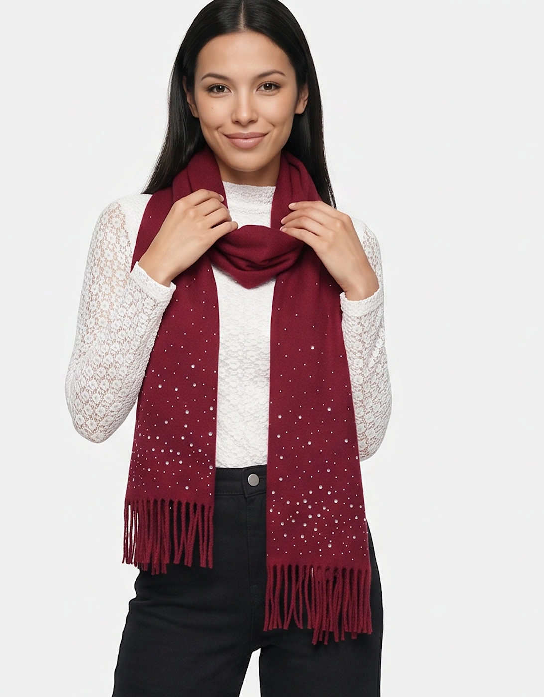 Gini London Women's Burgundy Ladies Embellished Tassel Scarf - Red - Size: ONE size