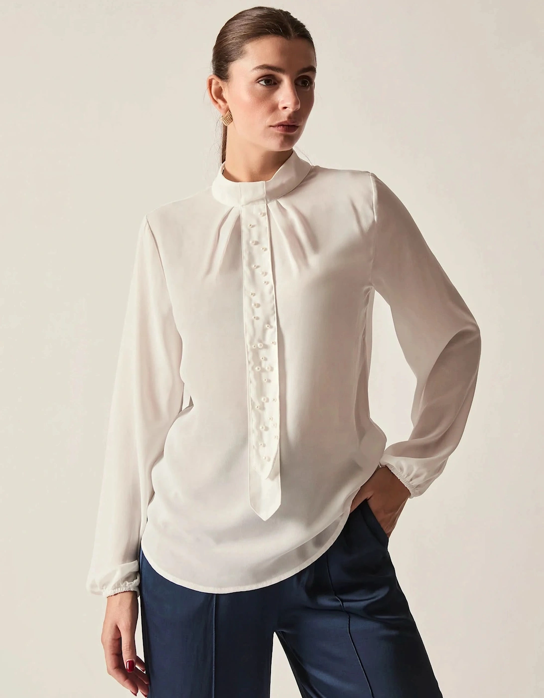Cream Pearl-Tie Blouse