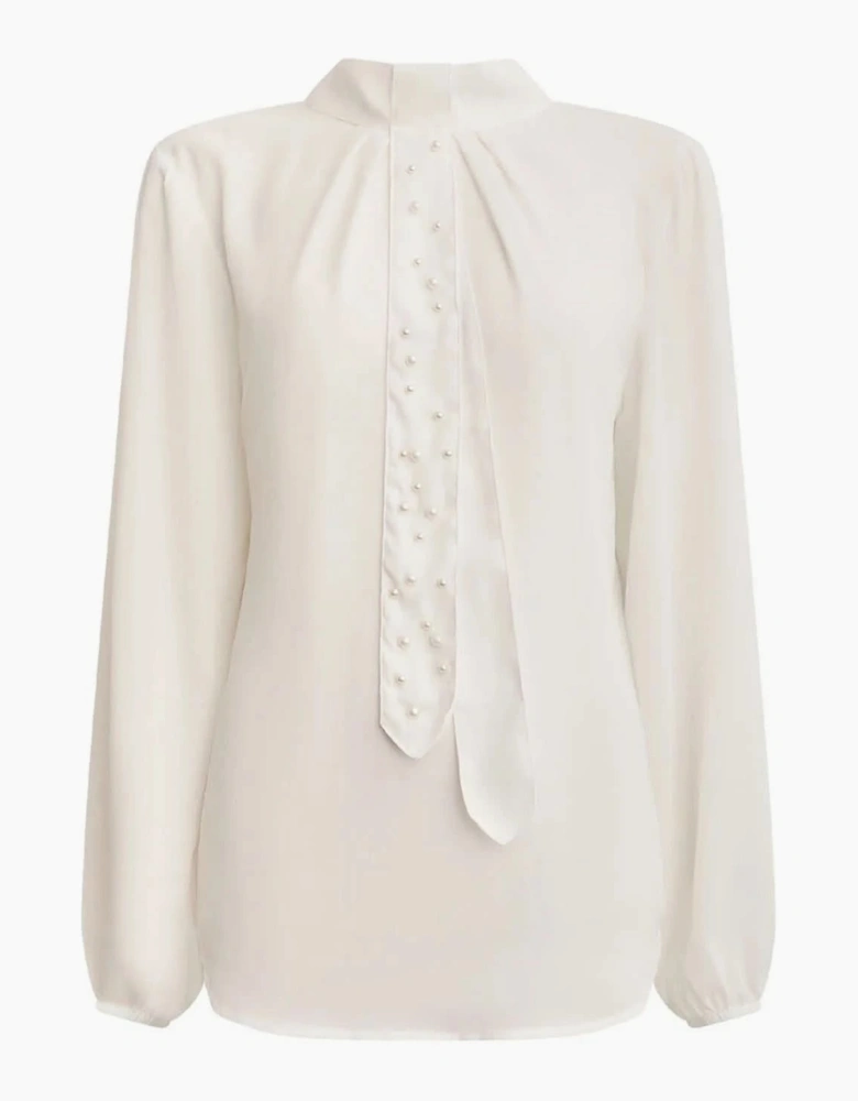 Cream Pearl-Tie Blouse