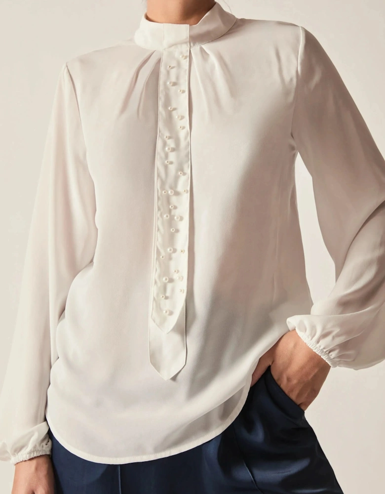 Cream Pearl-Tie Blouse