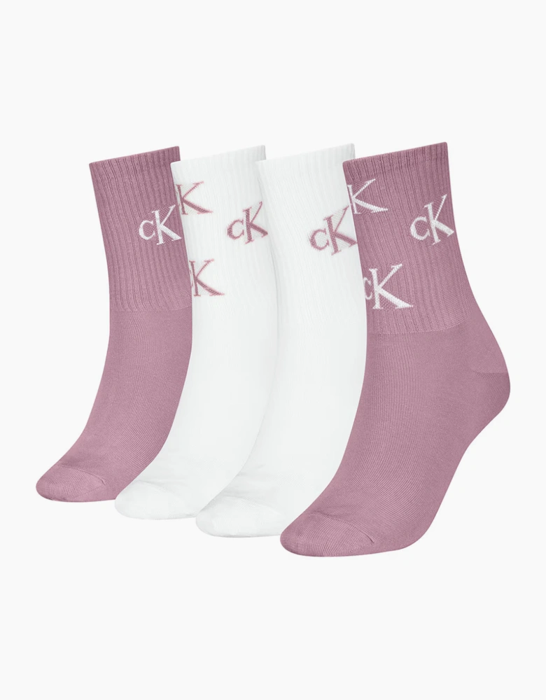 Calvin Klein 4 Pack Giftbox Lurex AOP Womens Crew Socks Vintage Plum/White