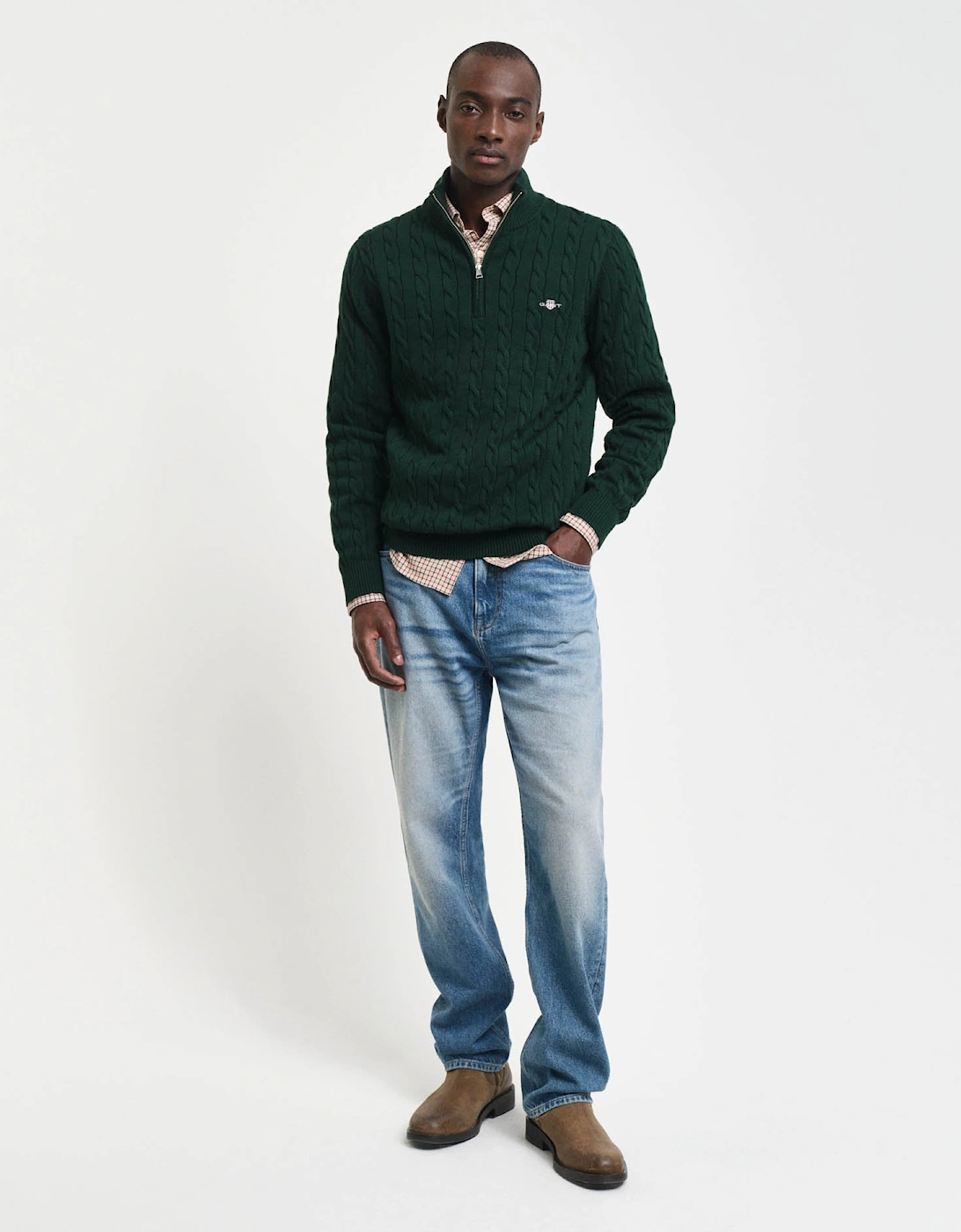 GANT Mens Cotton Cable Half Zip Jumper - 374 Tartan Green