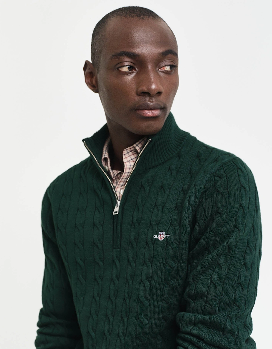 GANT Mens Cotton Cable Half Zip Jumper - 374 Tartan Green
