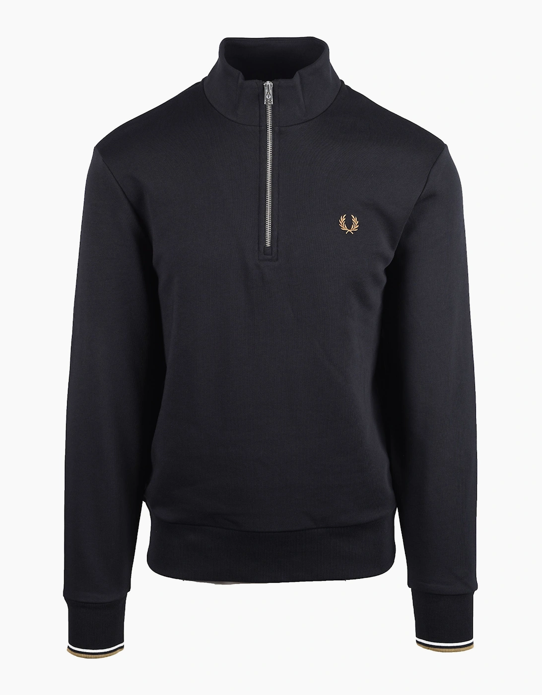 Men's FRED PERRY HALF ZIP SWEATSHIRT BLACK/ SNOW WHITE/ BRONZE - Size: SIZE l