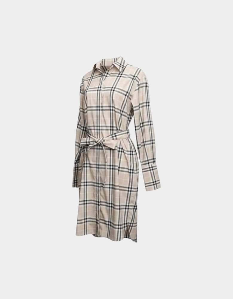 Soft Fawn Check Cotton Belted Dress Beige