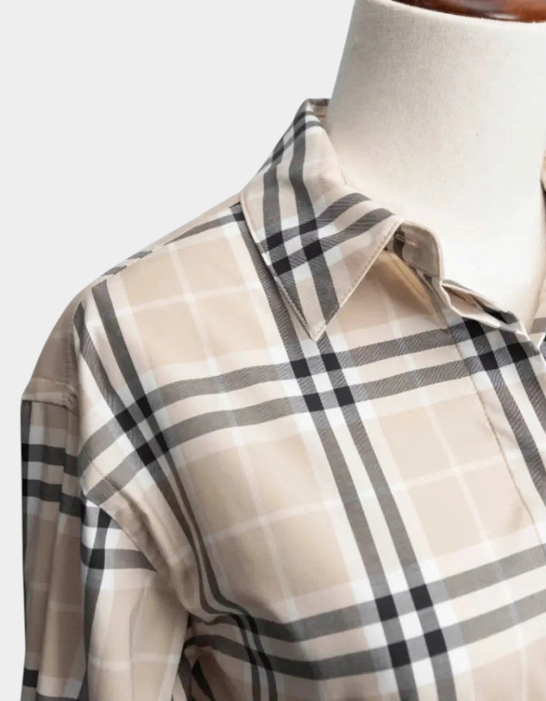 Soft Fawn Check Cotton Belted Dress Beige