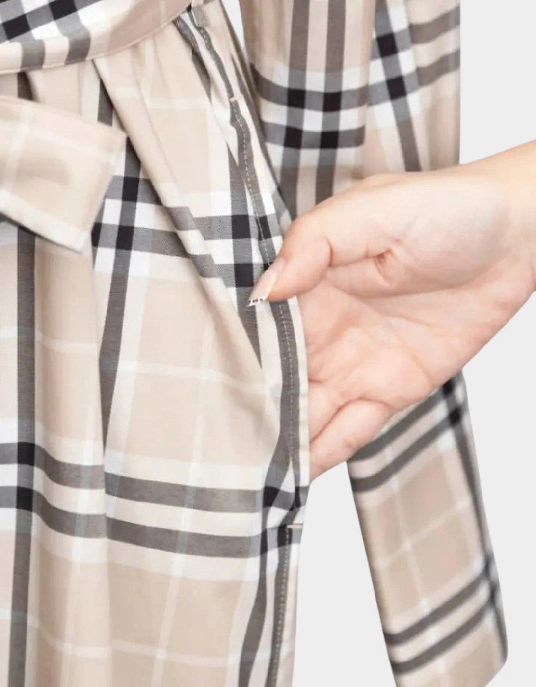 Soft Fawn Check Cotton Belted Dress Beige