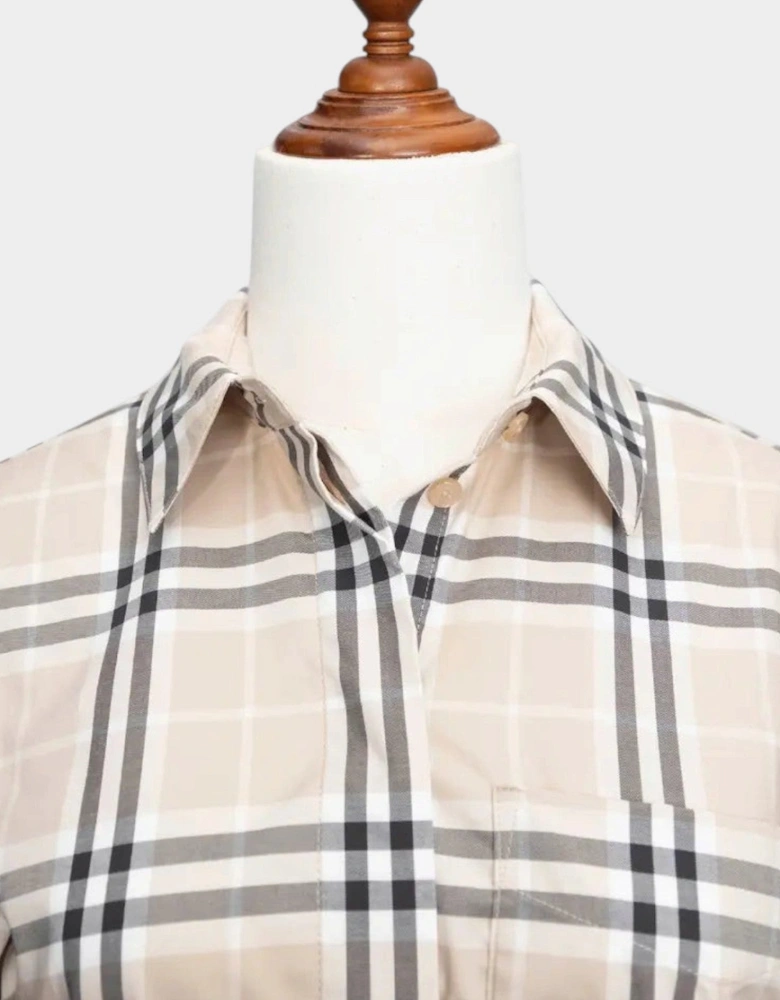 Soft Fawn Check Cotton Belted Dress Beige