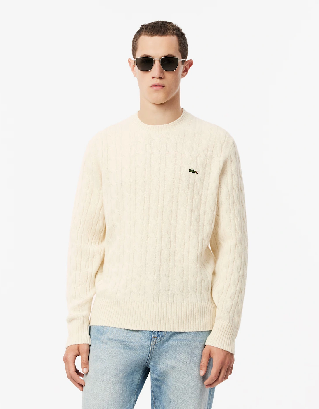Men's Lacoste Carded Wool Cable Knit Crew Neck Mens Sweater - Lapland XFJ - Tan - Size: 38