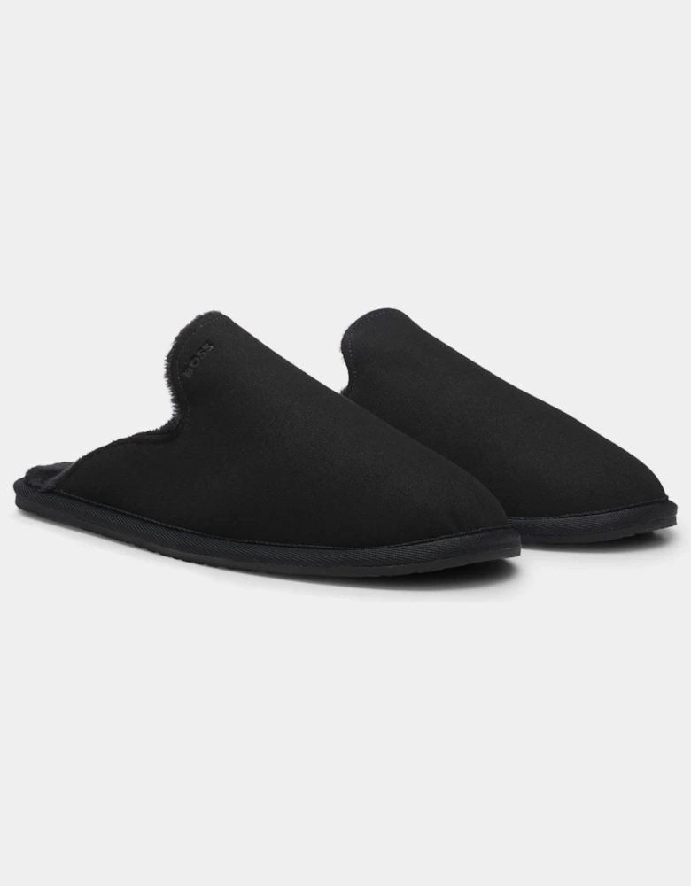 BOSS Orange Mens Shearling-lined slip-on slippers with logo detail - Black 001