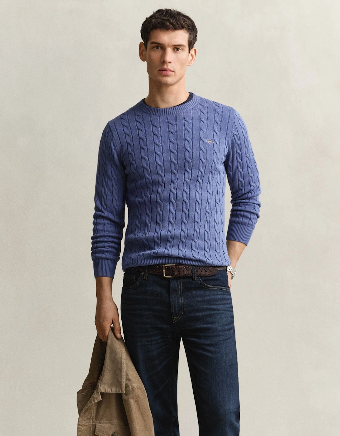GANT Mens Cotton Cable Knit Crew Neck Jumper - 476 Blue Horizon