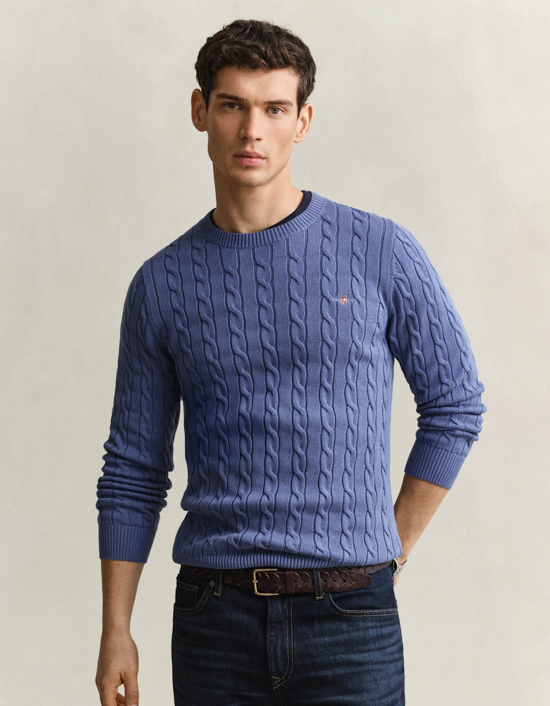 Men's GANT Mens Cotton Cable Knit Crew Neck Jumper - 476 Blue Horizon - Size: 42