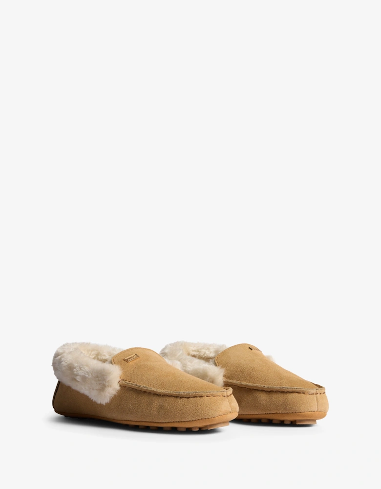 Hunter Womens Sherpa Collar Moccasin Slippers - Natural