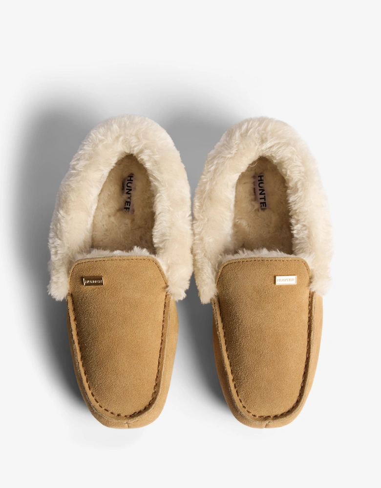 Hunter Womens Sherpa Collar Moccasin Slippers - Natural