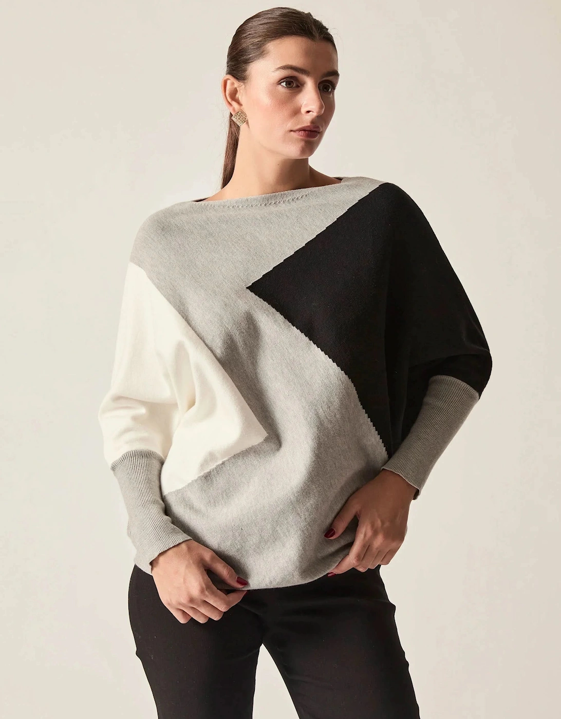 Grey Colour-Block Batwing Knit