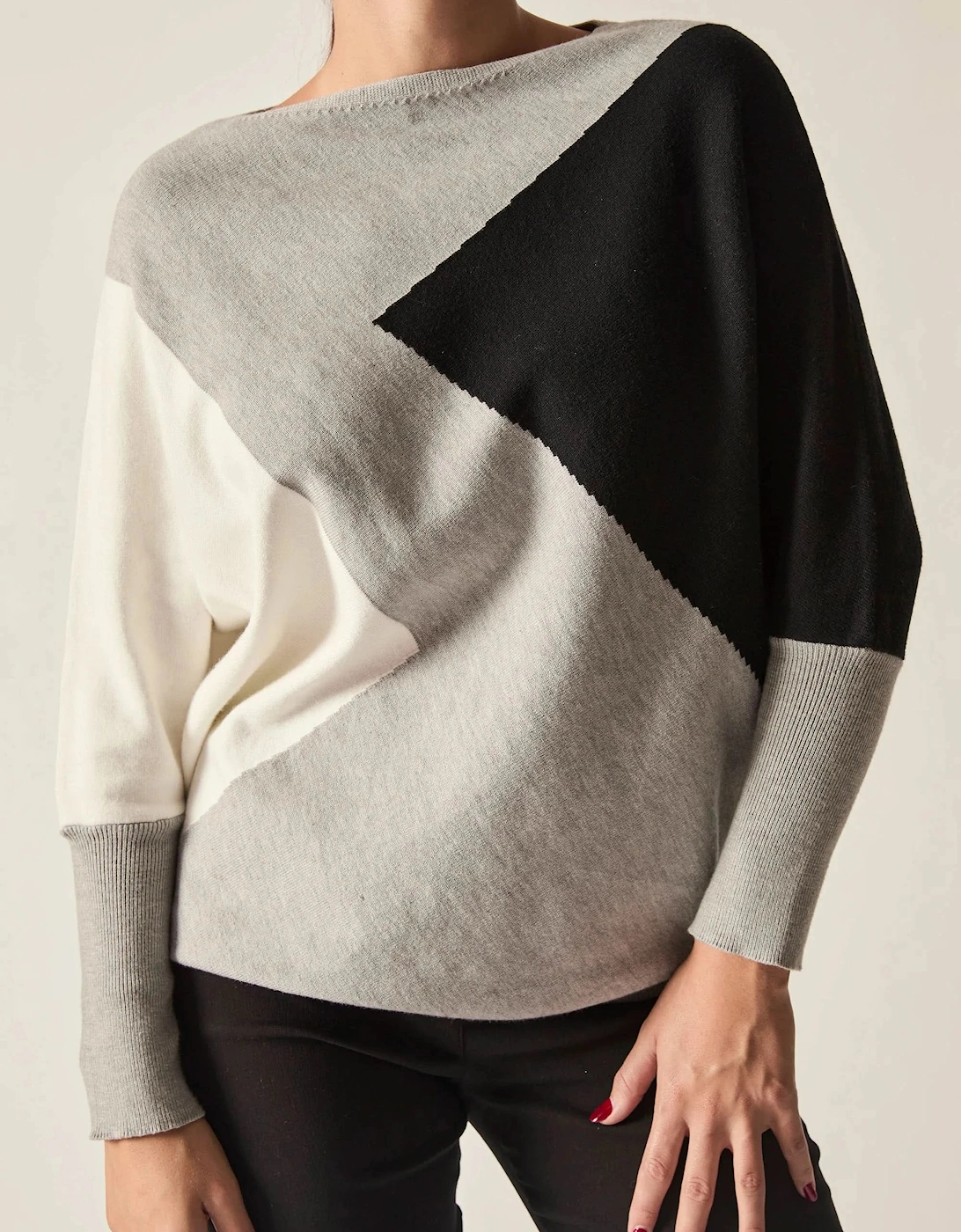 Grey Colour-Block Batwing Knit