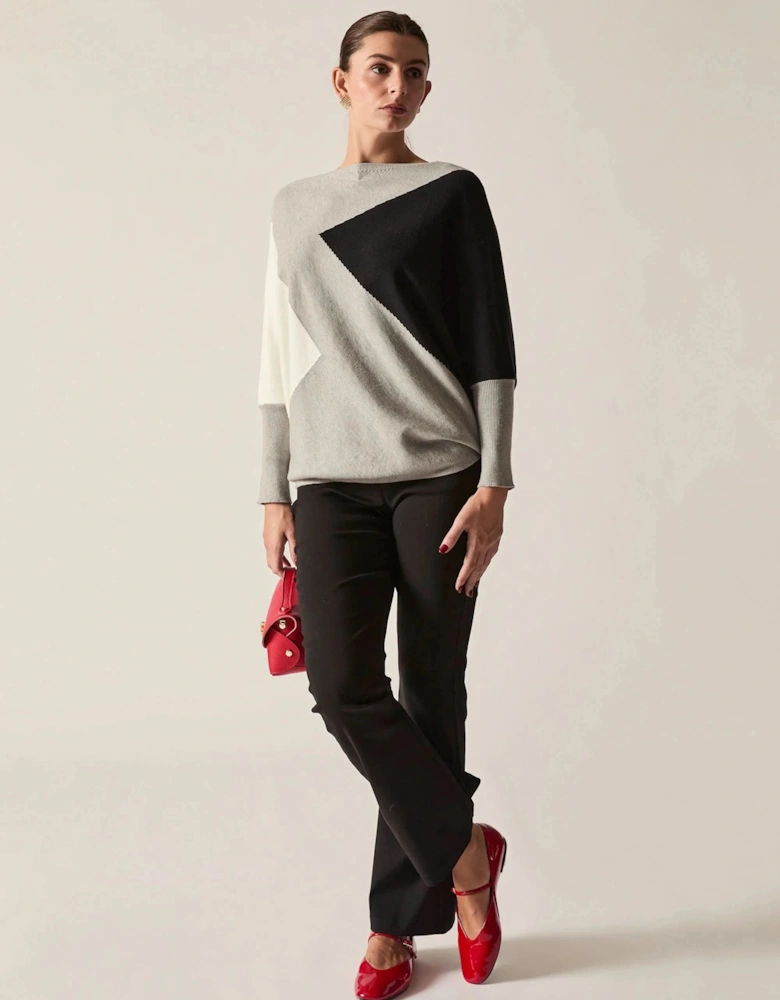 Grey Colour-Block Batwing Knit