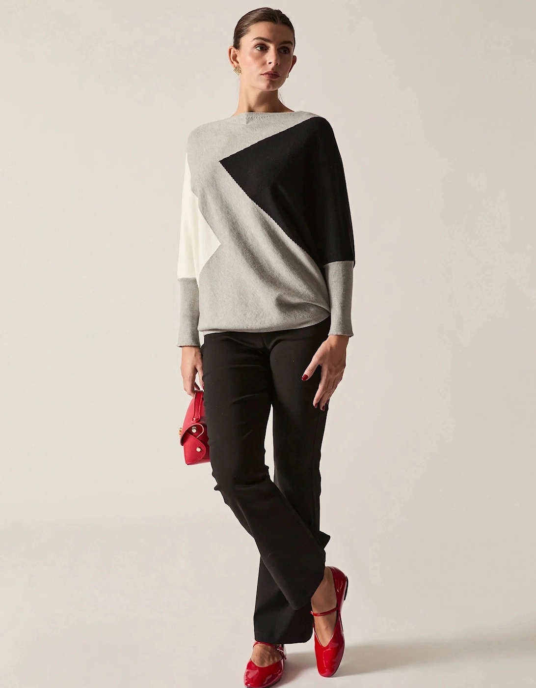 Grey Colour-Block Batwing Knit