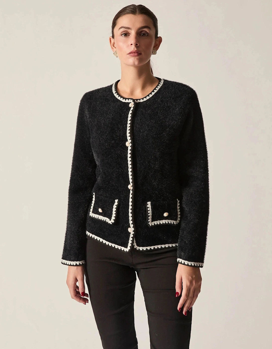 Black Contrast Trim Knit Cardigan