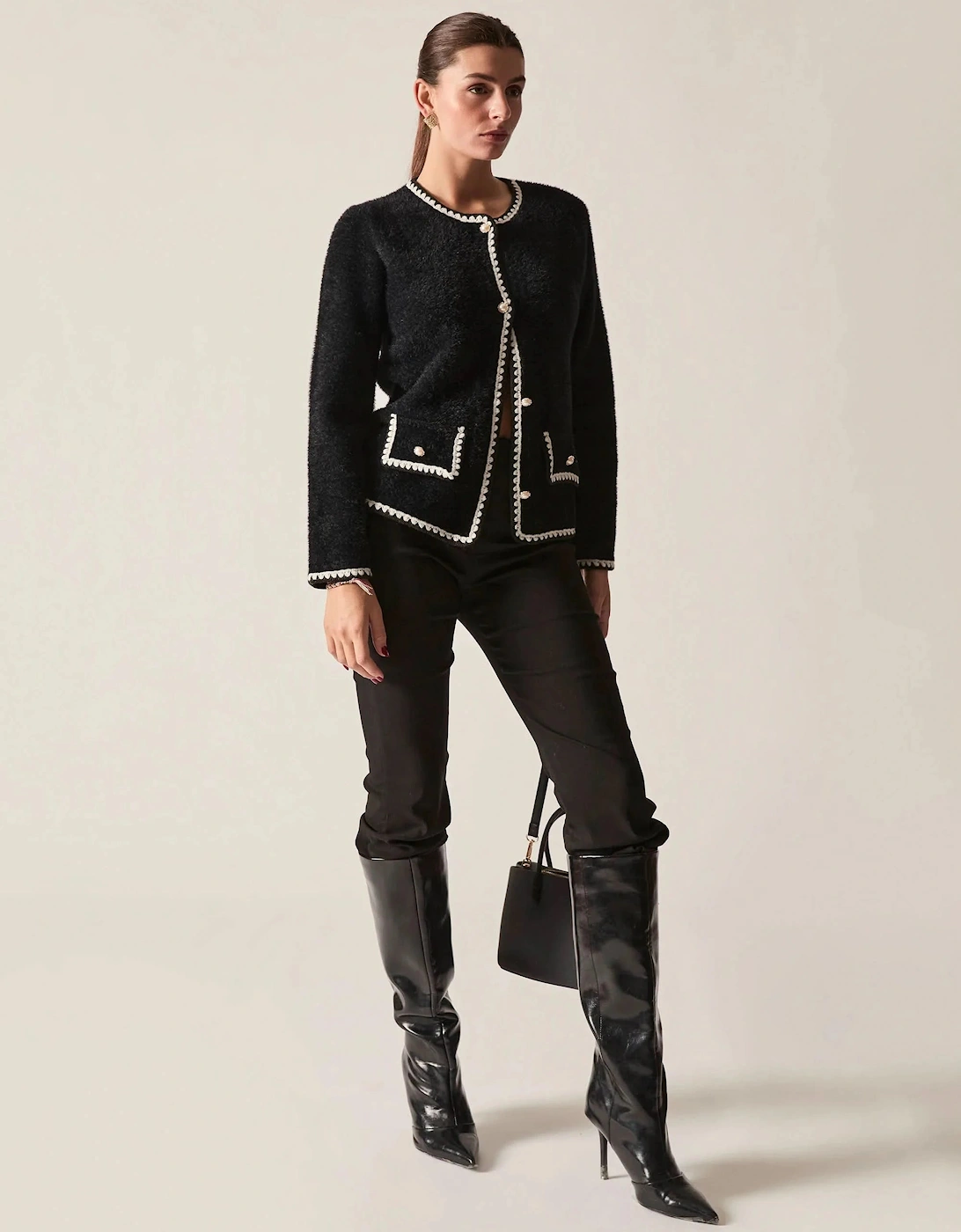 Black Contrast Trim Knit Cardigan