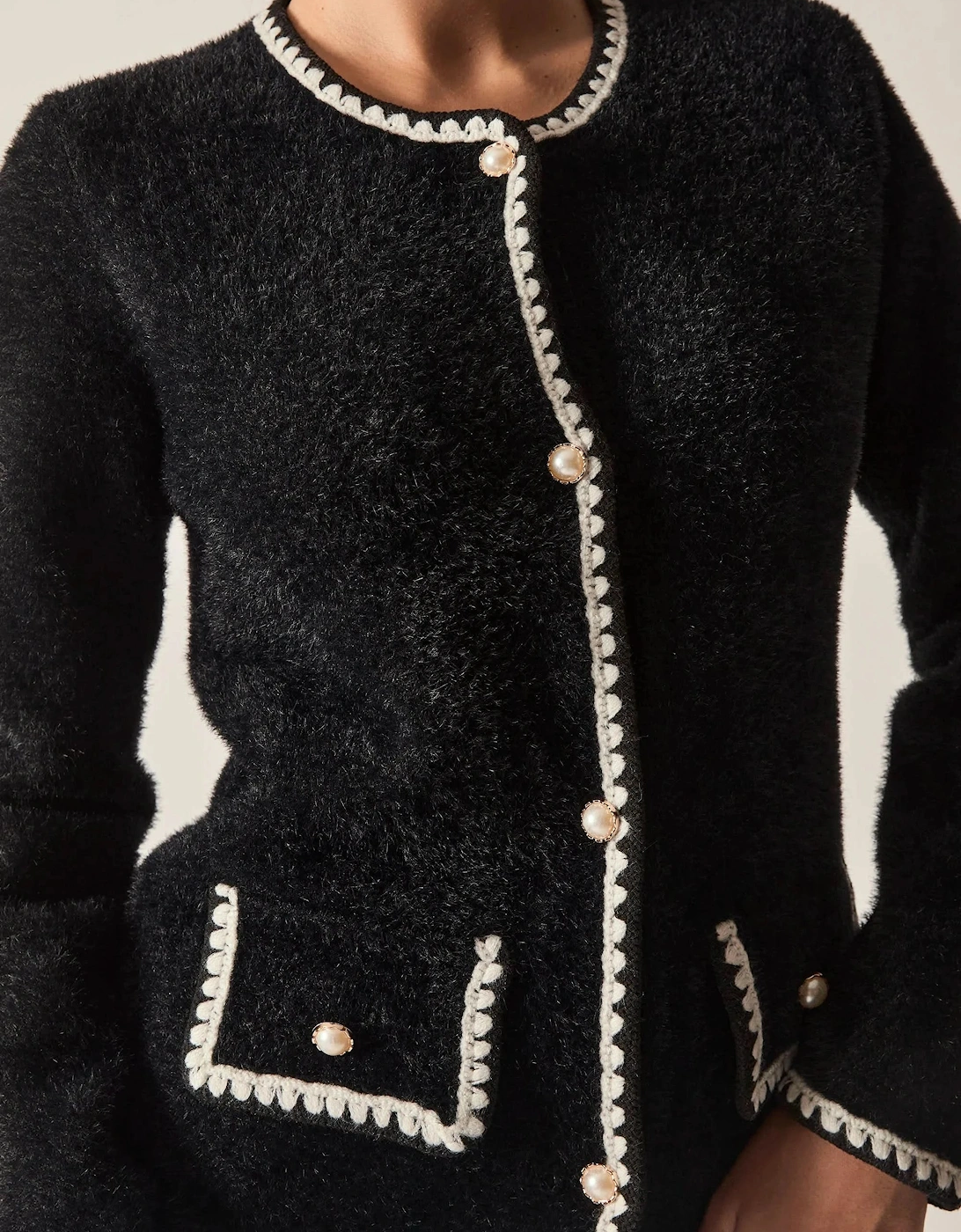 Black Contrast Trim Knit Cardigan