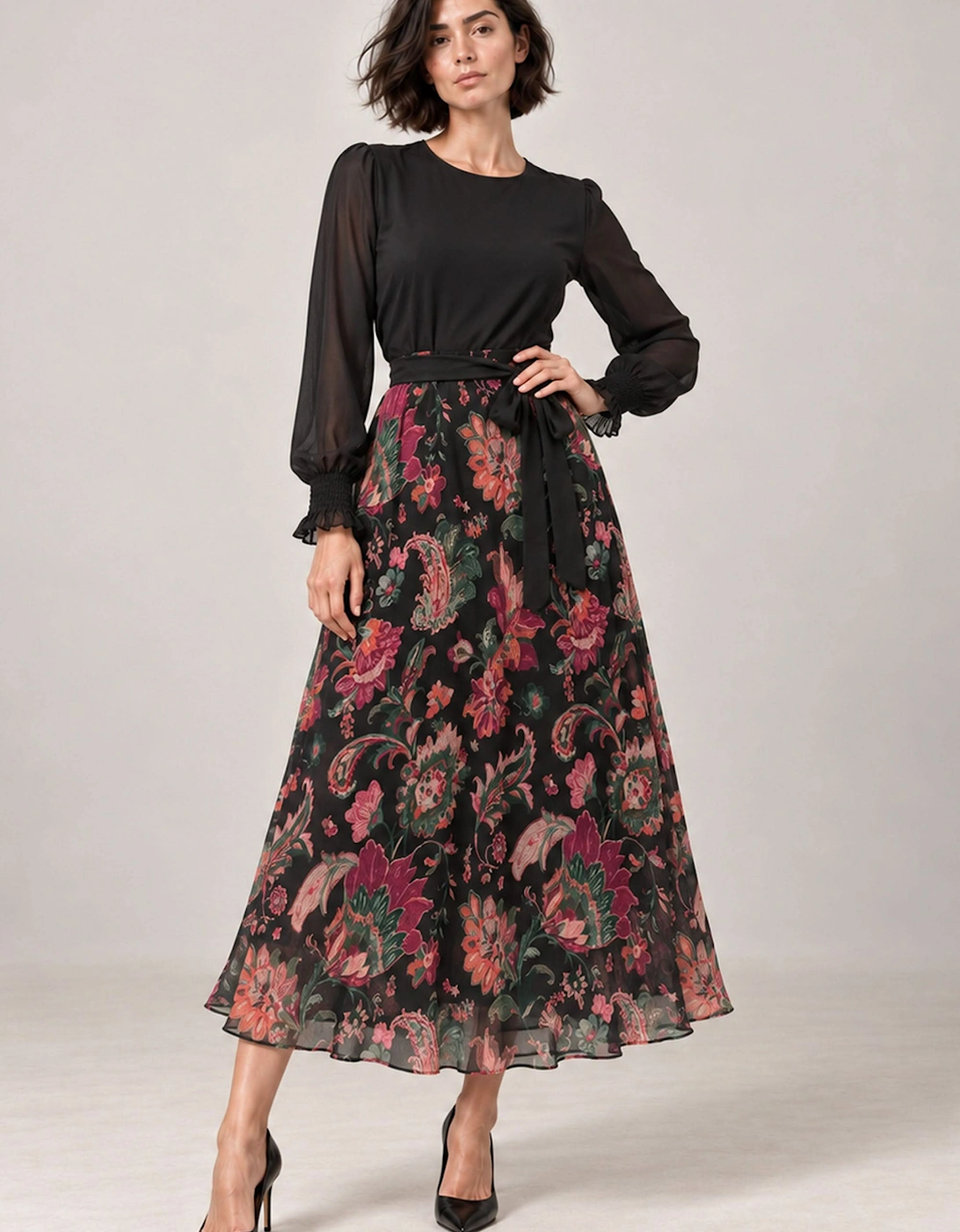 Black Floral Midi Dress