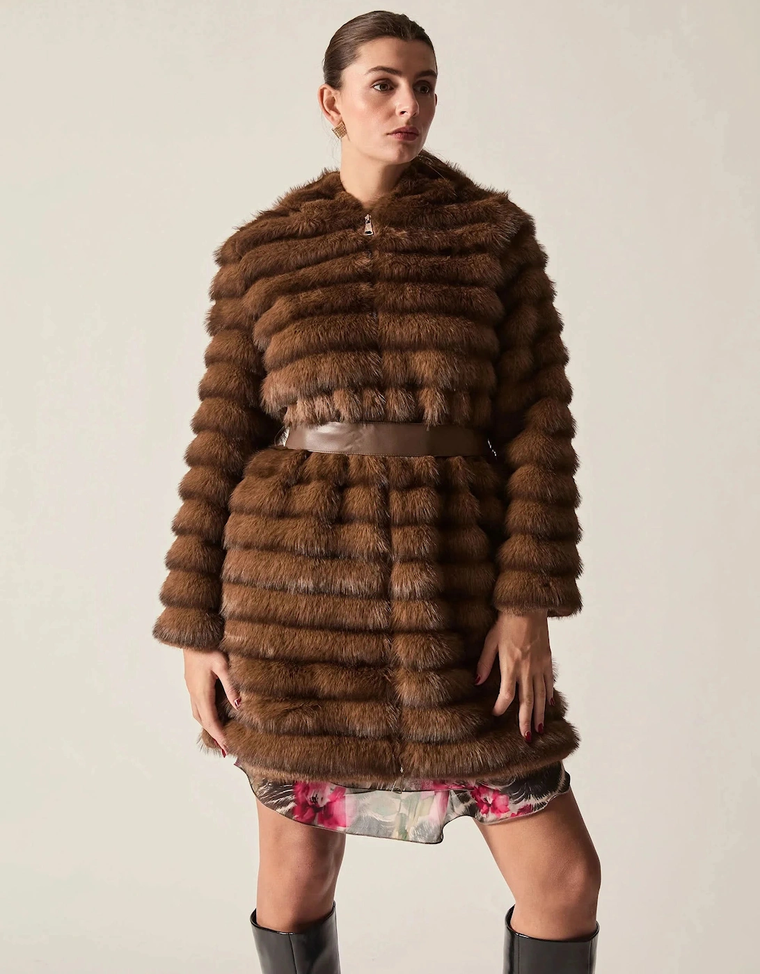Chocolate Brown Ribbed Faux-Fur Coat