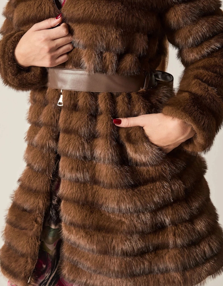 Chocolate Brown Ribbed Faux-Fur Coat