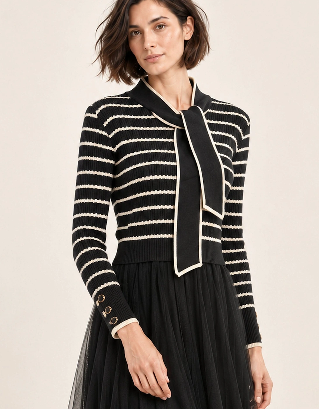 Black Striped Knit & Tulle Midi Dress