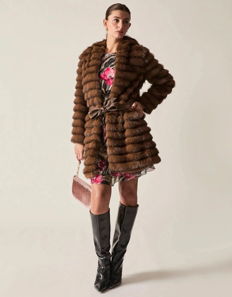 Chocolate Brown Ribbed Faux-Fur Coat