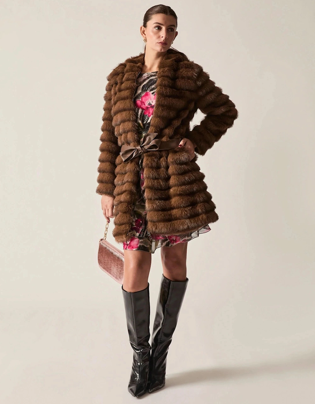Chocolate Brown Ribbed Faux-Fur Coat