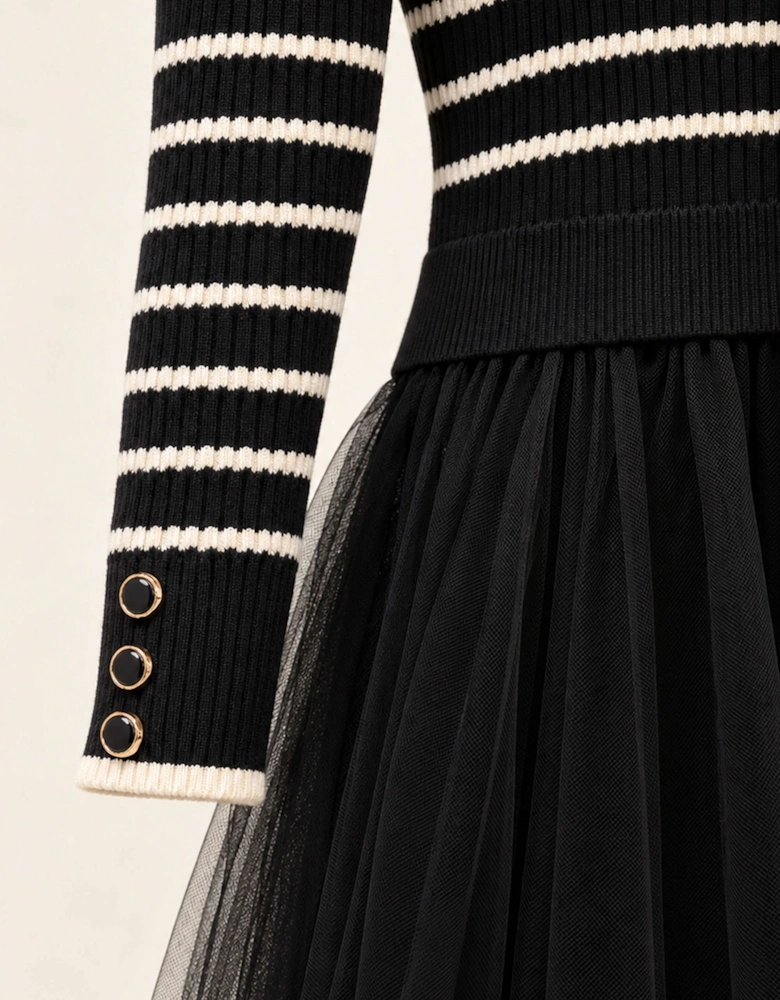 Black Striped Knit & Tulle Midi Dress