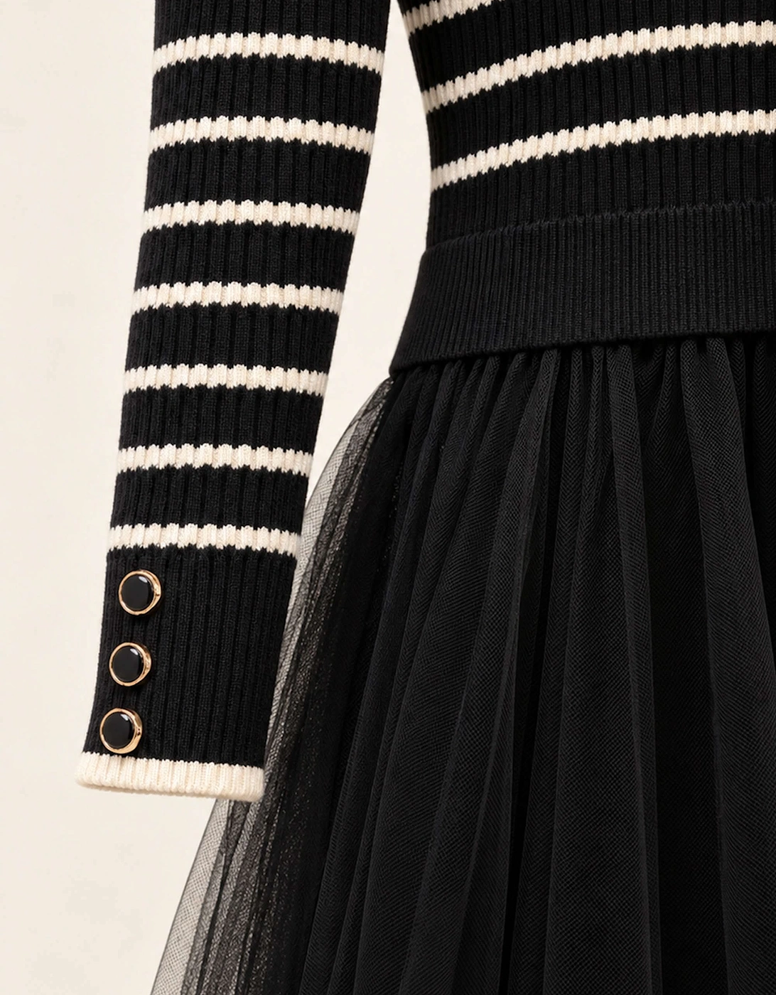 Black Striped Knit & Tulle Midi Dress