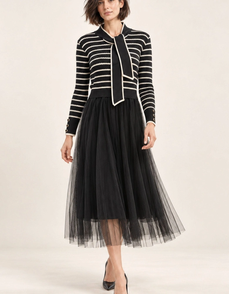 Black Striped Knit & Tulle Midi Dress