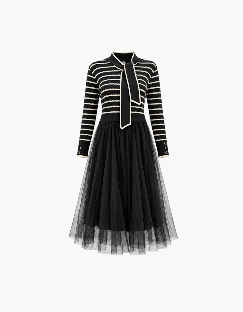 Black Striped Knit & Tulle Midi Dress