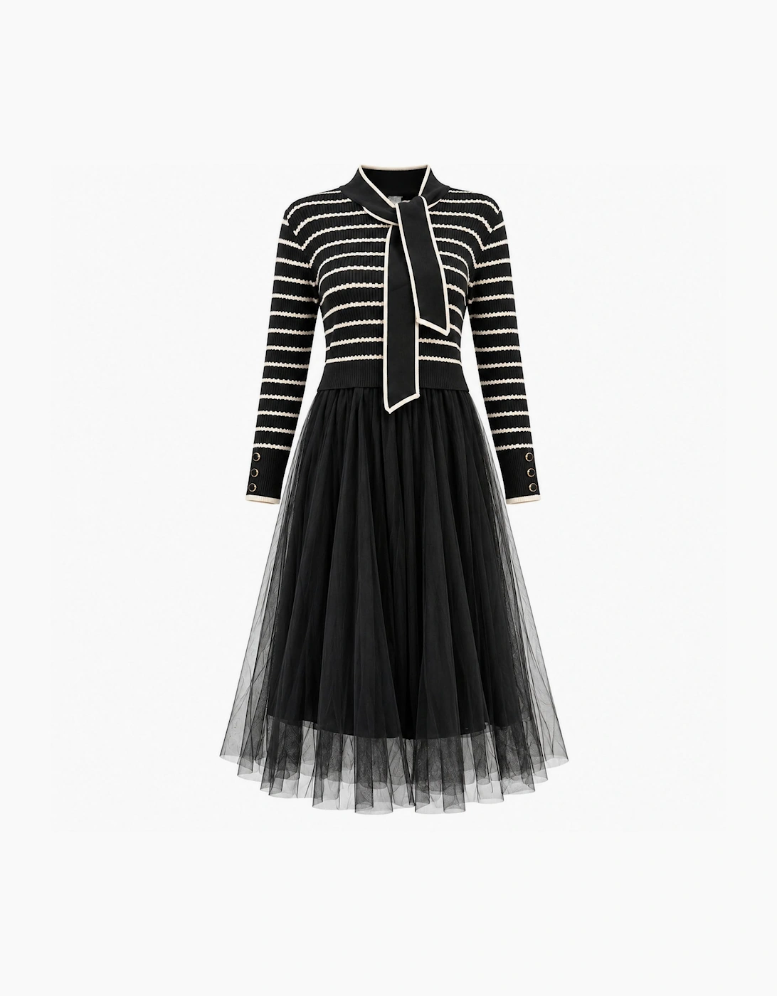 Black Striped Knit & Tulle Midi Dress