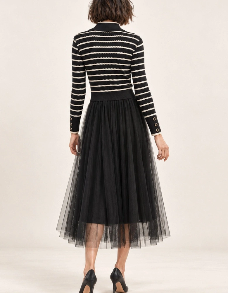Black Striped Knit & Tulle Midi Dress