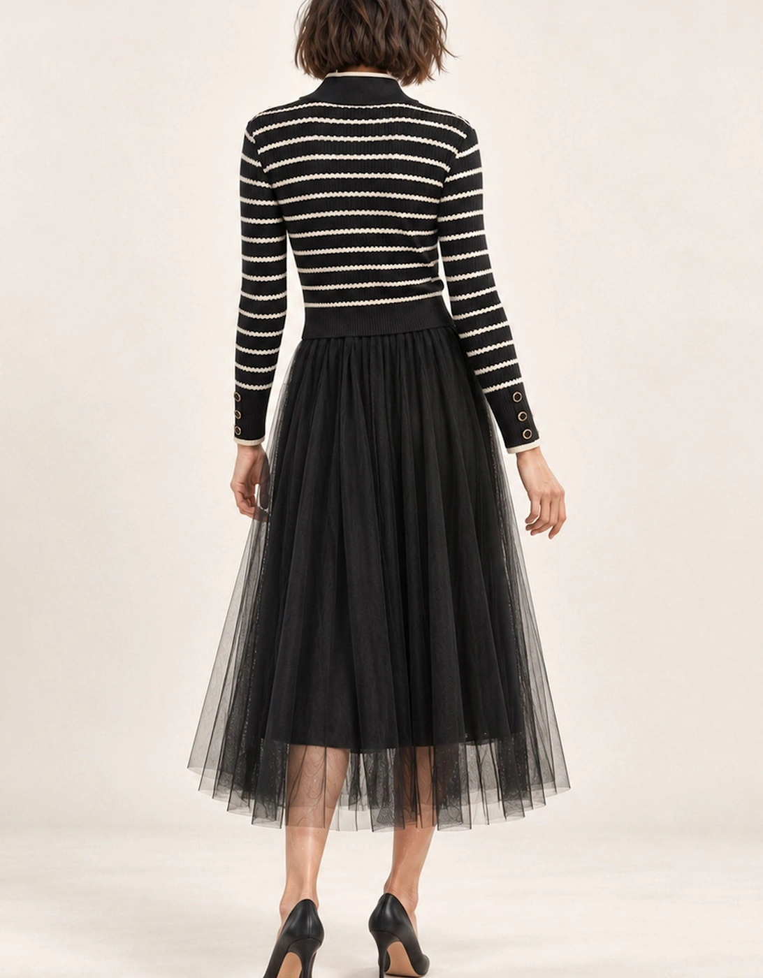 Black Striped Knit & Tulle Midi Dress