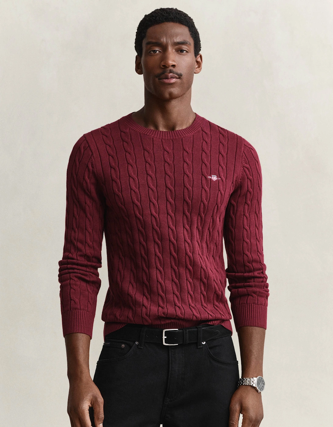 Men's GANT Mens Cotton Cable Knit Crew Neck Jumper - 676 Deep Grape Wine - Red - Size: 42