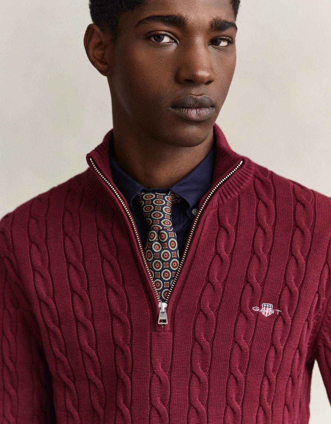 GANT Mens Cotton Cable Half Zip Jumper - 676 Deep Grape Wine