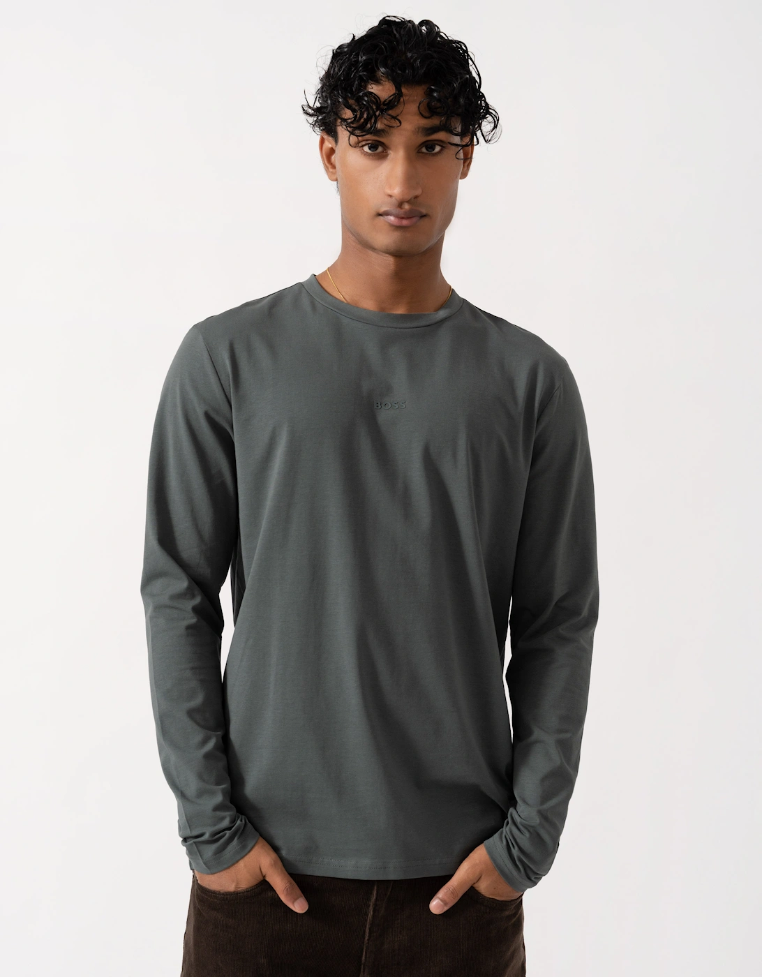 BOSS Orange Tchark Mens Long Sleeve Stretch Cotton T-Shirt - Open Green 377